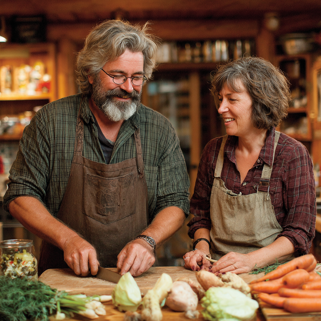 Сімейна пара 52 та 55 років готує здорову їжу разом, використовуючи рецепти з drimsoltar