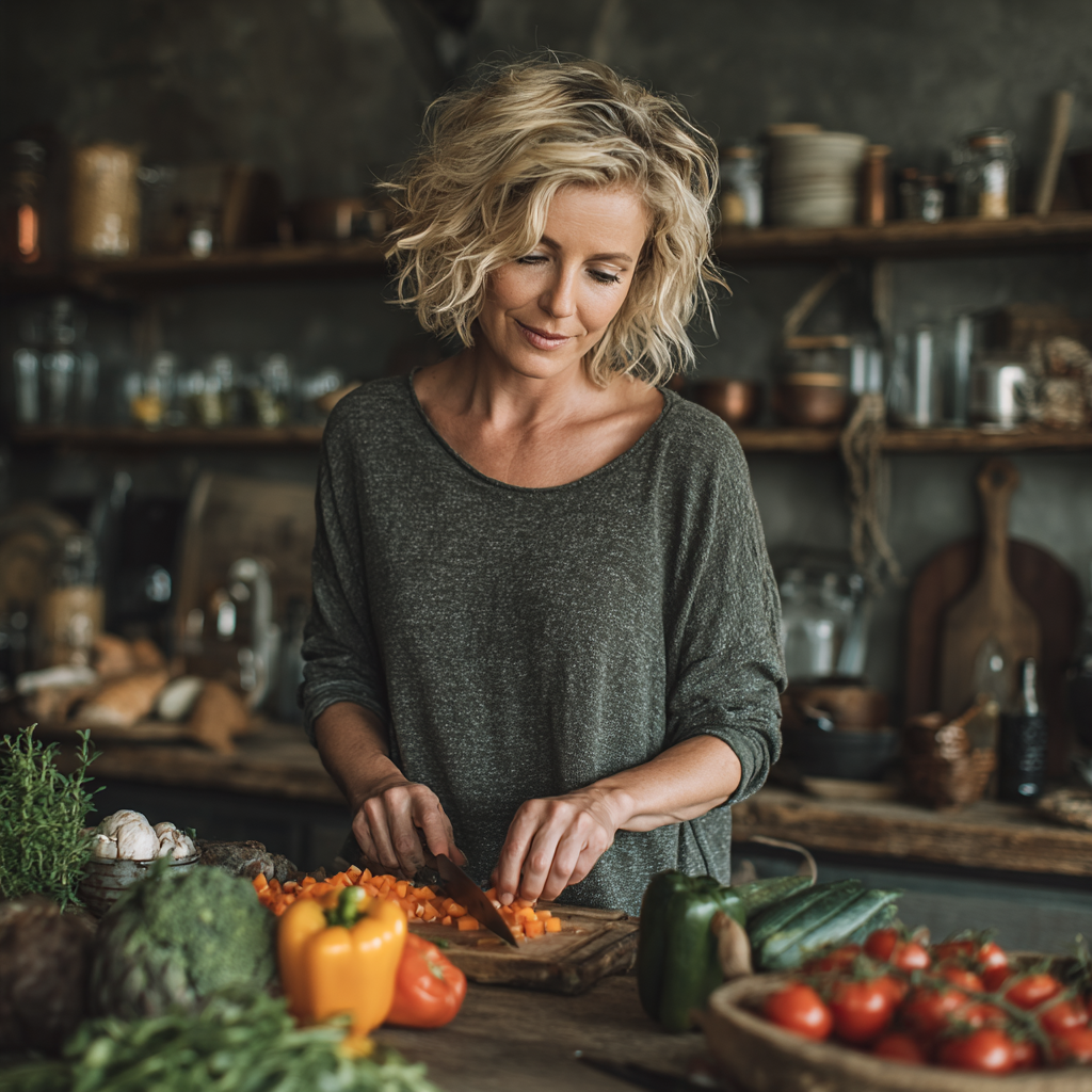 Щаслива жінка 55 років готує здорову їжу на кухні за персональним планом харчування drimsoltar